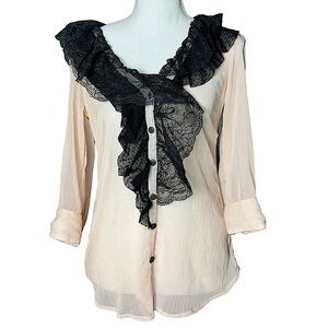 BKE: Boutique Peach Blouse with Black Lace Ruffle Trim -Size Small